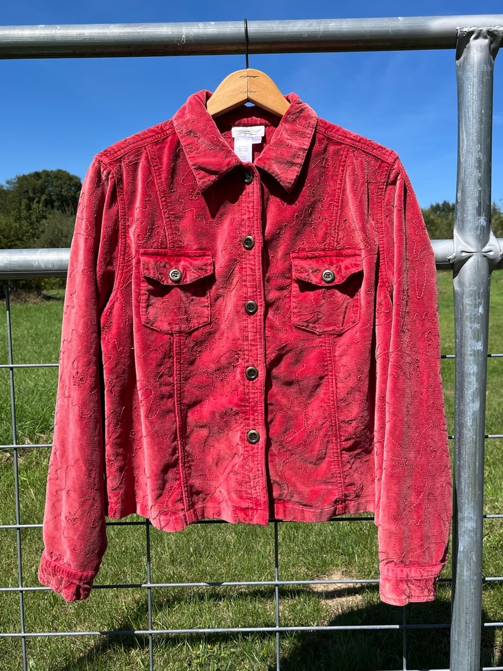 Y2K Coldwater Creek Red Velvet Embroidered Jacket Size L Fall Colorful Retro